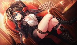 Rule 34 | 1girl, arm behind head, armband, azur lane, black footwear, black hair, blue eyes, boots, breasts, chair, cleavage, cross, cross-laced footwear, crossed legs, cup, deutschland (azur lane), dutch angle, glint, gloves, goggles, goggles on headwear, hat, iron cross, lace-up boots, large breasts, long hair, long sleeves, looking at viewer, multicolored hair, parted lips, red hair, silver hair, sitting, smile, solo, streaked hair, very long hair, yu ni t