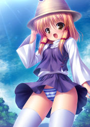 Rule 34 | 1girl, :o, blonde hair, blue eyes, blush, cameltoe, cloud, day, female focus, hat, holding, holding clothes, holding hat, looking at viewer, moriya suwako, open mouth, panties, pantyshot, sky, solo, striped clothes, striped panties, takeponi, thighhighs, touhou, underwear, upskirt, white thighhighs, yellow eyes