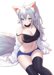 Rule 34 | 1girl, ahoge, animal ear fluff, animal ears, bare shoulders, black choker, black shirt, black thighhighs, blue eyes, blue shorts, breasts, camisole, choker, cleavage, closed mouth, collarbone, commission, crop top, facial mark, fang, fox ears, fox girl, fox tail, hair between eyes, heart, jacket, large breasts, long hair, long sleeves, looking at viewer, micro shorts, midriff, navel, off shoulder, open clothes, open jacket, original, shirt, shorts, side ponytail, silver hair, simple background, sitting, siun, sleeveless, sleeveless shirt, smile, solo, spaghetti strap, stomach, strap slip, tail, thighhighs, thighs, white background, white jacket