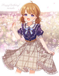 Rule 34 | 1girl, :d, ahoge, belted skirt, blue bow, blue bowtie, blue shirt, blurry, blurry background, blush, border, bow, bowtie, brown hair, brown skirt, buttons, character name, checkered clothes, checkered skirt, child, collar, commentary, cowboy shot, falling petals, floral background, frilled collar, frilled shirt, frilled skirt, frilled sleeves, frills, hand up, happy birthday, highres, idolmaster, idolmaster million live!, idolmaster million live! theater days, konase (non stop!), looking at viewer, official alternate costume, official alternate hairstyle, open mouth, petals, private dress (idolmaster million live!), puffy short sleeves, puffy sleeves, shirt, short hair, short sleeves, short twintails, skirt, smile, solo, suou momoko, twintails, twitter username, white border, white collar