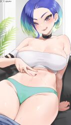 Rule 34 | 1girl, :q, bare shoulders, black choker, blue hair, blush, bob cut, breasts, brown eyes, choker, clothes pull, creatures (company), crop top, game freak, highres, jtveemo, large breasts, licking lips, looking at viewer, midriff, naughty face, navel, nintendo, off-shoulder shirt, off shoulder, panties, pants, pants pull, perrin (pokemon), pokemon, pokemon sv, seductive smile, shirt, smile, solo, sports bra, thick thighs, thighs, tongue, tongue out, underwear, wide hips