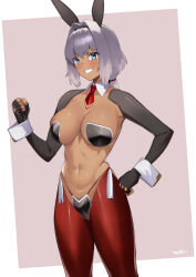 Rule 34 | 1girl, absurdres, animal ears, black gloves, blue eyes, body markings, breasts, caenis (fate), cleavage, crotchless, crotchless pantyhose, dark-skinned female, dark skin, detached collar, elbow gloves, fake animal ears, fate/grand order, fate (series), fingerless gloves, gloves, grey hair, grin, hair intakes, highres, kurozawa yui, large breasts, latex, latex legwear, looking at viewer, low ponytail, maebari, medium hair, meme attire, navel, necktie, pantyhose, pasties, rabbit ears, rabbit tail, red pantyhose, revealing clothes, reverse bunnysuit, reverse outfit, smile, solo, stomach, tail, thighs, wrist cuffs
