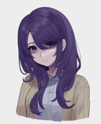 1girl arms_at_sides asahina_mafuyu&#039;s_mother brown_cardigan buttons cardigan closed_mouth cropped_torso grey_background grey_shirt hair_over_shoulder head_tilt highres jishou_210 long_hair looking_at_viewer open_cardigan open_clothes project_sekai purple_eyes purple_hair sad shaded_face shirt simple_background solo