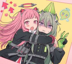 Rule 34 | 2girls, animal ears, arm strap, b718293, black gloves, black jacket, blush, cat ears, close game/offline (project sekai), commentary, dress, giving up the ghost, gloves, green gloves, green hair, hair flaps, halo, hug, jacket, kusanagi nene, long hair, long sleeves, mechanical ears, mechanical halo, multiple girls, ootori emu, pink eyes, pink hair, plus sign, pouch, project sekai, purple eyes, rabbit ears, sweat, symbol-only commentary, tactical clothes, trembling, two-tone gloves, upper body, very long hair, white dress