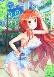 Rule 34 | 1girl, armpits, bad id, bad pixiv id, bare shoulders, blush, breasts, butterfly hair ornament, cleavage, dress, grin, hair ornament, large breasts, long hair, looking at viewer, natsusora aona, novady, orange eyes, orange hair, original, shiny clothes, shiny skin, smile, solo, very long hair