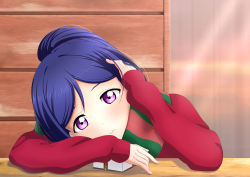 Rule 34 | 1girl, absurdres, artist name, artist request, blue hair, blush, elbow on knee, female focus, green scarf, hair between eyes, hand on own head, high ponytail, highres, long hair, long sleeves, looking at viewer, love live!, love live! sunshine!!, matsuura kanan, nail, nail polish, parted lips, pink nails, pink nails, ponytail, purple eyes, red scarf, red sweater, scarf, smile, solo, sweater, table, upper body