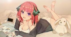 Rule 34 | 1girl, ass, bare shoulders, bed, bedroom, blouse, blue eyes, breasts, cellphone, cleavage, collarbone, crossed legs, ellase, feet, go-toubun no hanayome, hair ornament, hair ribbon, highres, jacket, large breasts, legs, lens flare, looking at viewer, lying, nakano nino, on stomach, open mouth, panties, phone, playing with own hair, red hair, ribbon, shirt, solo, stuffed animal, stuffed toy, teddy bear, underwear, white shirt