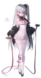 Rule 34 | 1girl, :o, absurdres, ahoge, albino, black footwear, black jacket, blush, breasts, collarbone, covered navel, earrings, hammer, highres, holding, holding hammer, jacket, jewelry, lerome, long hair, looking at viewer, navel, original, red eyes, red ribbon, ribbon, side ponytail, signature, simple background, skindentation, small breasts, solo, stake, thighhighs, white background, white hair
