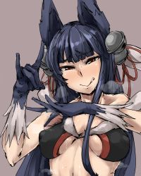Rule 34 | 1girl, :q, \m/, animal ears, armpit hair, bare shoulders, black gloves, black hair, breasts, brown background, covered erect nipples, fox shadow puppet, gloves, granblue fantasy, long hair, looking at viewer, medium breasts, p (tidoriashi), purple background, red eyes, saliva, sexually suggestive, simple background, smile, solo, sweat, tongue, tongue out, upper body, yuel (granblue fantasy)