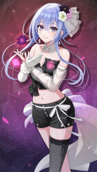 1girl asymmetrical_sleeves bare_shoulders black_flower black_shorts blue_hair breasts cleavage commentary_request crossed_wrists detached_sleeves flower gloves grey_thighhighs hair_between_eyes highres idolmaster idolmaster_shiny_colors long_hair long_sleeves looking_at_viewer medium_breasts mismatched_sleeves navel pink_flower polka_dot_sleeves polka_dot_thighhighs puffy_long_sleeves puffy_sleeves purple_eyes purple_flower see-through_clothes see-through_sleeves shorts single_glove single_thighhigh smile solo suzuki_hana thighhighs urabi_(tomatohouse) very_long_hair white_flower white_gloves white_sleeves