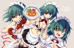 Rule 34 | 1girl, alternate costume, apron, aqua eyes, bikini, black skirt, black thighhighs, blush, breasts, cleavage, dated, detached collar, enmaided, eyepatch, food, front-tie bikini top, front-tie top, garter straps, gloves, green hair, grey background, heart, heart hands, holding, holding plate, kantai collection, ketchup, ketchup bottle, kiso (kancolle), maid, maid apron, maid bikini, maid headdress, medium breasts, multiple views, navel, odawara hakone, omelet, omurice, open mouth, plate, short hair, simple background, skirt, smile, swimsuit, thighhighs, twitter username, unconventional maid, white apron, white gloves