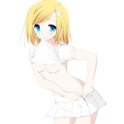 Rule 34 | 1girl, areola slip, bad id, bad pixiv id, blonde hair, blue eyes, blush, breasts, clothes lift, collar, frilled collar, frilled shirt collar, frilled sleeves, frills, hair ornament, hairclip, highres, leaning forward, lifting own clothes, looking at viewer, midriff, mio yanagihara, mouth hold, open clothes, open skirt, original, pleated skirt, puffy short sleeves, puffy sleeves, shirt, shirt lift, short hair, short sleeves, simple background, skirt, solo, standing, stomach, swept bangs, underboob, undressing, unzipped, white background, white shirt, white skirt, zipper