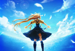 Rule 34 | 00s, 1girl, air (visual novel), blonde hair, boots, feathers, from behind, kamio misuzu, long hair, momopanda, outstretched arms, school uniform, spread arms, very long hair