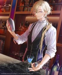 1boy alcohol bar_(place) bartender blonde_hair blue_eyes bottle cocktail_glass cocktail_shaker collared_shirt commentary_request cup drinking_glass earrings gin_(neural_cloud) girls&#039;_frontline girls&#039;_frontline_neural_cloud hair_over_shoulder highres jewelry kyo_zip long_hair looking_at_viewer male_focus mole mole_under_eye one_eye_closed ponytail second-party_source shirt smile solo vest white_shirt