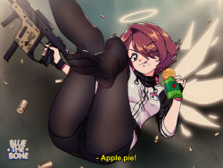 Rule 34 | 1990s (style), 1girl, ;q, apple pie, arknights, artist name, black pantyhose, bluethebone, commentary, eating, english commentary, english text, exusiai (arknights), eyes visible through hair, feet, food, gun, hair over one eye, halo, holding, holding food, holding gun, holding weapon, kriss vector, looking at viewer, one eye closed, pantyhose, pie, red eyes, red hair, retro artstyle, sandwich, short hair, soles, solo, submachine gun, subtitled, tongue, tongue out, weapon, wings
