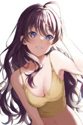 Rule 34 | 1girl, absurdres, ahoge, bare shoulders, blue eyes, blush, breasts, brown hair, camisole, cleavage, collarbone, crop top, hair between eyes, hand on own head, hand up, highres, ichinose shiki, idolmaster, idolmaster cinderella girls, long hair, looking at viewer, maroon (1maroon), medium breasts, midriff, navel, parted lips, sidelocks, simple background, smile, solo, upper body, wavy hair, white background, yellow camisole
