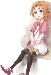 Rule 34 | 10s, 1girl, absurdres, bag, black bow, black thighhighs, blue eyes, bow, bowtie, braid, cape, capelet, carrying, casual, cross-laced footwear, dress, full body, girls und panzer, hair bow, handbag, highres, long sleeves, open mouth, orange hair, orange pekoe (girls und panzer), parted bangs, petticoat, pink bow, pink bowtie, pink cape, pink dress, red footwear, shoes, short dress, short hair, shuiro (frog-16), sitting, smile, sneakers, solo, striped clothes, striped thighhighs, thighhighs, twin braids, v arms