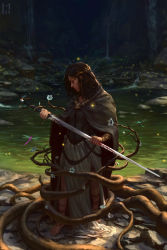 Rule 34 | 1girl, absurdres, barefoot, blood, bloody weapon, bracelet, brown hair, bug, cape, circlet, closed mouth, commentary, dragonfly, english commentary, flower, grey cape, highres, holding, holding sword, holding weapon, insect, jewelry, manuel castanon, original, pelvic curtain, plant roots, pond, signature, solo, standing, sword, water, waterfall, weapon