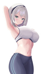 Rule 34 | 1girl, absurdres, arm behind back, arm behind head, arm up, armpits, black hairband, blush, breasts, closed mouth, green eyes, grey hair, hair intakes, hairband, highres, hololive, incredibly absurdres, large breasts, looking at viewer, midriff, navel, pants, shirogane noel, short hair, simple background, smile, solo, sports bra, stomach, sweat, sweatpants, up (osk50217), virtual youtuber, white background