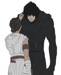 Rule 34 | 0109 (artist), 1boy, 1girl, belt, black hair, black jumpsuit, brown hair, commentary request, from behind, hand in another&#039;s hair, height difference, highres, jumpsuit, kylo ren, looking at another, rey (star wars), robe, star wars, white robe