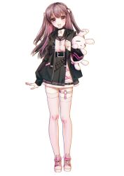 Rule 34 | 1girl, :d, arm at side, belt, black belt, black jacket, black sailor collar, black skirt, blush, bow, brown hair, commentary, full body, hair between eyes, hair bow, hair ornament, hand up, high-waist skirt, highres, holding, holding stuffed toy, hood, hood down, hooded jacket, jacket, jirai kei, long hair, looking at viewer, multicolored hair, natsuoto rito, open clothes, open jacket, open mouth, original, pink footwear, pink hair, pink shirt, pink thighhighs, red eyes, sailor collar, shirt, shoes, simple background, skirt, sleeves past wrists, smile, sneakers, standing, streaked hair, stuffed animal, stuffed rabbit, stuffed toy, tachi-e, thigh strap, thighhighs, thighs, two side up, white background, white bow, x hair ornament, zettai ryouiki, zipper