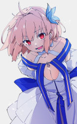 Rule 34 | 1girl, :d, arcueid brunestud, breasts, citron80citron, cleavage, collarbone, fate/grand order, fate (series), flower, hair between eyes, hair flower, hair intakes, hair ornament, halterneck, highres, leaning forward, looking at viewer, medium hair, open mouth, red eyes, simple background, smile, solo, tsukihime, tsukihime (remake), white background