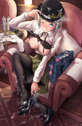 Rule 34 | 1girl, absurdres, ariake (warship girls r), armchair, black bra, black footwear, black headwear, black pantyhose, blue bag, blue eyes, bottle, bra, bra lift, breasts, chair, character request, cleavage, closed mouth, unworn clothes, condom, crossed legs, cum, cum in footwear, cum on body, cum on breasts, cum on clothes, cum on hair, cum on headwear, cum on legwear, cum on skirt, cum on upper body, cumdrip, facial, full body, green skirt, hand on headwear, highres, holding, holding shoes, licking lips, loafers, lolipantherwww, looking at viewer, medium breasts, medium hair, nipples, one eye closed, open clothes, open shirt, pantyhose, platinum blonde hair, sex toy, shirt, shoes, simple background, sitting, skirt, smile, solo, table, tongue, tongue out, underwear, vibrator, warship girls r, white shirt