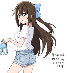 Rule 34 | 1girl, blue bow, blue eyes, blue shorts, blush, bottle, bow, breasts, brown hair, commentary, contrapposto, from behind, hair between eyes, hair bow, half updo, highres, holding, holding bottle, long hair, looking at viewer, love live!, love live! nijigasaki high school idol club, medium breasts, osaka shizuku, parted lips, shirt, short sleeves, shorts, sidelocks, solo, standing, translation request, upper body, water bottle, white shirt, yanekawara