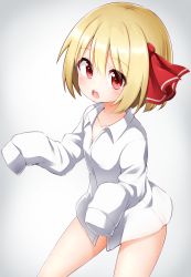 Rule 34 | 1girl, blonde hair, blush, collarbone, commentary request, cowboy shot, gradient background, grey background, hair between eyes, hair ribbon, highres, long sleeves, looking at viewer, naked shirt, no pants, open mouth, red eyes, red ribbon, ribbon, rumia, shirt, short hair, sleeves past fingers, sleeves past wrists, solo, standing, suwa yasai, thighs, touhou, white shirt