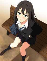 Rule 34 | 10s, 1girl, bench, black socks, blush, brown hair, earrings, green eyes, hands in pockets, highres, idolmaster, idolmaster cinderella girls, jewelry, kneehighs, loafers, long sleeves, looking up, necklace, necktie, open mouth, shibuya rin, shoes, sitting, skirt, socks, solo, yoshiki360