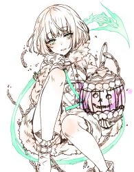 Rule 34 | 1girl, black nails, boots, cage, chain, dress, green eyes, gretel (sinoalice), grin, hair between eyes, holding, knees up, long sleeves, looking at viewer, nail polish, short hair, simple background, sinoalice, sketch, smile, solo, teeth, teroru, unfinished, white background, white dress, white footwear, white hair