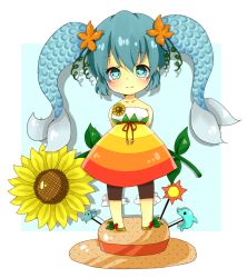 Rule 34 | 1girl, aqua eyes, aqua hair, bad id, bad pixiv id, chibi, dress, fins, fish tail, flower, hat, hatsune miku, multiple tails, solo, sssa-ron, sunflower, tail, twintails, two tails, vocaloid