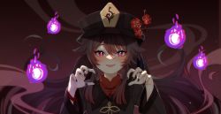 Rule 34 | 1girl, :d, artist name, black hair, black nails, blush, claw pose, commentary, english commentary, fang, floating hair, flower, genshin impact, hair between eyes, hat, hat flower, highres, hitodama, hu tao (genshin impact), jewelry, long hair, long sleeves, looking at viewer, nail polish, open mouth, purple eyes, ring, savi (byakushimc), sidelocks, smile, solo, symbol-shaped pupils, upper body, wide sleeves