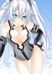Rule 34 | 10s, 1girl, bare shoulders, black heart (neptunia), blush, breasts, cleavage, elbow gloves, gloves, leotard, long hair, looking at viewer, mikan no shiru, neptune (series), noire (neptunia), open mouth, smile, solo, symbol-shaped pupils, twintails, very long hair, white hair