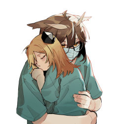 Rule 34 | 2girls, absurdres, arknights, blonde hair, blouse, brown hair, child, closed eyes, demon horns, feather hair, green shirt, highres, horns, hug, ifrit (arknights), mask, medical scrubs, mouth mask, multiple girls, no mouth, orange eyes, owl ears, semi-rimless eyewear, shirt, short hair, silence (arknights), simple background, surgical mask, under-rim eyewear, underwear, upper body, white background, zy (zyyyyyyy9)