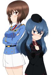 Rule 34 | 2girls, alternate costume, blue eyes, blue hair, blush, breasts, brown eyes, brown hair, closed mouth, cosplay, crossed arms, eclair (girls und panzer), girls und panzer, hat, kayabakoro, kuromorimine military uniform, large breasts, long hair, maginot military uniform, military hat, military uniform, miniskirt, multiple girls, nishizumi maho, short hair, simple background, skirt, small breasts, uniform, white background