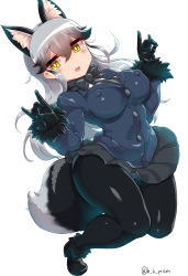 Rule 34 | 10s, 1girl, animal ears, black bow, black bowtie, black gloves, black necktie, black pantyhose, black skirt, blazer, bow, bowtie, buttons, covered erect nipples, extra ears, fox ears, fox shadow puppet, fox tail, fur trim, gloves, haku hakujou daimaou, highres, jacket, kemono friends, loafers, long hair, long sleeves, looking at viewer, necktie, panties, panties under pantyhose, pantyhose, pleated skirt, shoes, signature, silver fox (kemono friends), silver hair, skirt, solo, tail, underwear, white panties, wide hips, yellow eyes