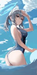 Rule 34 | 1girl, absurdres, animal ear fluff, animal ears, arched back, arm up, ass, bad id, bad twitter id, bare arms, bare shoulders, black one-piece swimsuit, blue archive, blue eyes, breasts, competition swimsuit, dasha, expressionless, extra ears, grey hair, halo, highres, long hair, looking at viewer, medium breasts, one-piece swimsuit, parted lips, ponytail, shiroko (blue archive), shiroko (swimsuit) (blue archive), sidelocks, solo, standing, swimsuit, wading, water