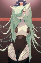 Rule 34 | 1girl, armpits, arms up, artist name, black pantyhose, black skirt, black thighhighs, blush, bound, bound arms, breasts, closed mouth, colored skin, covered navel, creatures (company), female focus, fishnet pantyhose, fishnets, game freak, gardevoir, gen 3 pokemon, glint, glowing, glowing eyes, green hair, green skin, groin outline, hair over one eye, half-closed eyes, happy, high-waist skirt, light blush, long hair, looking at viewer, medium breasts, multicolored skin, nintendo, nun, one eye covered, own hands clasped, pantyhose, patreon username, peach-cup, pelvic curtain, pokemon, pokemon (creature), red eyes, revealing clothes, side slit, sidelocks, skirt, smile, solo, split mouth, tape, thighhighs, twitter username, two-tone skin, underboob, very long hair, watermark, white skin