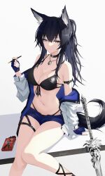 Rule 34 | 1girl, absurdres, animal ear fluff, animal ears, arknights, bikini, black bikini, black choker, black hair, blue gloves, blue shorts, breasts, choker, closed mouth, collarbone, feet out of frame, fingerless gloves, food, gloves, highres, holding, holding food, holding pocky, jacket, jewelry, large breasts, long hair, nash11, navel, necklace, off shoulder, open clothes, open jacket, pocky, ponytail, short shorts, shorts, simple background, sitting, solo, swimsuit, sword, tail, texas (arknights), twitter username, weapon, white background, white jacket, wolf ears, wolf girl, wolf tail, yellow eyes