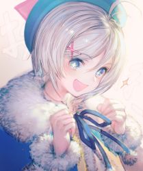 Rule 34 | + +, .live, 1girl, :d, antenna hair, blue eyes, blue hat, blue ribbon, blush, clenched hands, dennou shoujo siro, fur collar, fur trim, gradient background, hair ornament, hairclip, hands up, hat, looking at viewer, open mouth, pom pom (clothes), ribbon, short hair, smile, solo, sparkling eyes, star (symbol), tareme, text background, upper body, virtual youtuber, wadanaka, x hair ornament