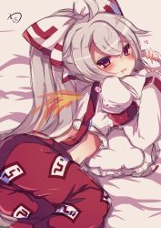 Rule 34 | 1girl, ahoge, baggy pants, bed sheet, blush, bow, clothes lift, commentary request, drooling, fiery wings, fingernails, fujiwara no mokou, hair between eyes, hair bow, heart, highres, juliet sleeves, long hair, long sleeves, lying, muuran, hugging object, ofuda, on side, pants, parted lips, pillow, pillow hug, puffy sleeves, red eyes, red pants, ribbon-trimmed sleeves, ribbon trim, shirt, shirt lift, sidelocks, signature, silver hair, sleeves past wrists, solo, suspenders, touhou, very long hair, white bow, white shirt, wings