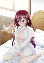 Rule 34 | 1girl, absurdres, blush, bottomless, breasts, dress shirt, hair ornament, highres, indoors, kantai collection, kisaragi (kancolle), large breasts, long hair, long sleeves, naked shirt, nose blush, on bed, open clothes, open shirt, purple eyes, shirt, sitting, solo, unworn hair ornament, user fpcp8535, wariza, white shirt