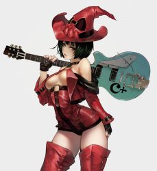 Rule 34 | 1girl, akai kitsune, arched back, bad id, bad pixiv id, bare shoulders, black hair, boots, breasts, choker, contrapposto, electric guitar, female focus, gloves, green eyes, guilty gear, guilty gear xx, guitar, hat, i-no, instrument, large breasts, looking at viewer, mole, nail polish, no bra, red footwear, red hat, red thighhighs, revealing clothes, short hair, simple background, solo, standing, thigh boots, thighhighs, underboob, white background, witch, witch hat