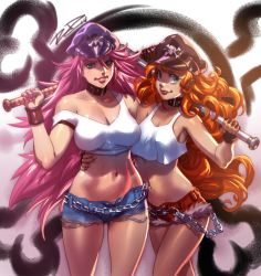 Rule 34 | 2girls, baseball bat, big hair, blue eyes, blue shorts, breasts, capcom, chain, choker, cleavage, denim, denim shorts, final fight, hat, large breasts, lips, long hair, making-of available, md5 mismatch, medium breasts, midriff, multiple girls, navel, orange hair, peaked cap, pink hair, poison (final fight), robaato, roxy (final fight), short shorts, shorts, street fighter, street fighter iv (series), tank top, wristband