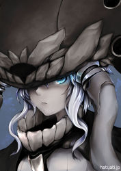 Rule 34 | 10s, 1girl, abyssal ship, blue eyes, cape, frown, glowing, glowing eyes, grey hair, hachachi, hat, highres, kadokawa games, kantai collection, pale skin, personification, short hair, solo, tentacles, upper body, wo-class aircraft carrier