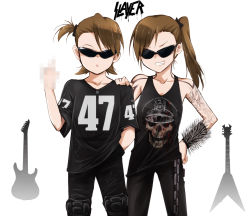 Rule 34 | 2girls, band shirt, bracelet, censored, censored gesture, chain, clothes writing, cosplay, electric guitar, futami ami, futami mami, gibson flying v, grin, guitar, hand on shoulder, idolmaster, idolmaster (classic), instrument, jeff hanneman, jeff hanneman (cosplay), jewelry, kaiga, kerry king, kerry king (cosplay), long hair, merchandise, middle finger, mosaic censoring, multiple girls, national football league, oakland raiders, pointless censoring, short hair, siblings, side ponytail, sisters, skull, slayer (band), smile, spiked bracelet, spikes, sunglasses, tank top, twins