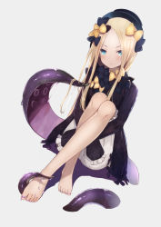 Rule 34 | 1girl, :/, abigail williams (fate), barefoot, black hat, blonde hair, bloomers, blue eyes, bow, commentary request, deku suke, dress, fate/grand order, fate (series), feet, forehead, frilled sleeves, frills, hair bow, hat, highres, hugging own legs, knees up, long hair, long sleeves, looking at viewer, nail polish, orange bow, parted bangs, polka dot, polka dot bow, purple nails, simple background, sitting, sleeves past fingers, sleeves past wrists, solo, tentacles, toenail polish, toenails, toes, underwear, white background
