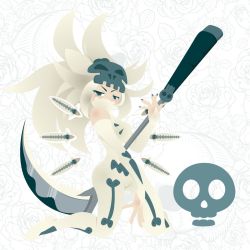 Rule 34 | 1girl, blue eyes, bodysuit, bridal gauntlets, cinnamon6, dagger, floating, floating object, forehead protector, knife, long hair, mask, mouth mask, partially colored, scythe, skull, solo, sram, very long hair, wakfu, weapon, white background, white hair
