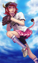 Rule 34 | 1girl, absurdres, baseball cap, baseball glove, baseball jersey, buffalo bell, cleats, clothes writing, cloud, day, hat, highres, inomoto hiro, jersey, lips, nippon professional baseball, orix buffaloes, personification, red eyes, red hair, shoes, solo, tail